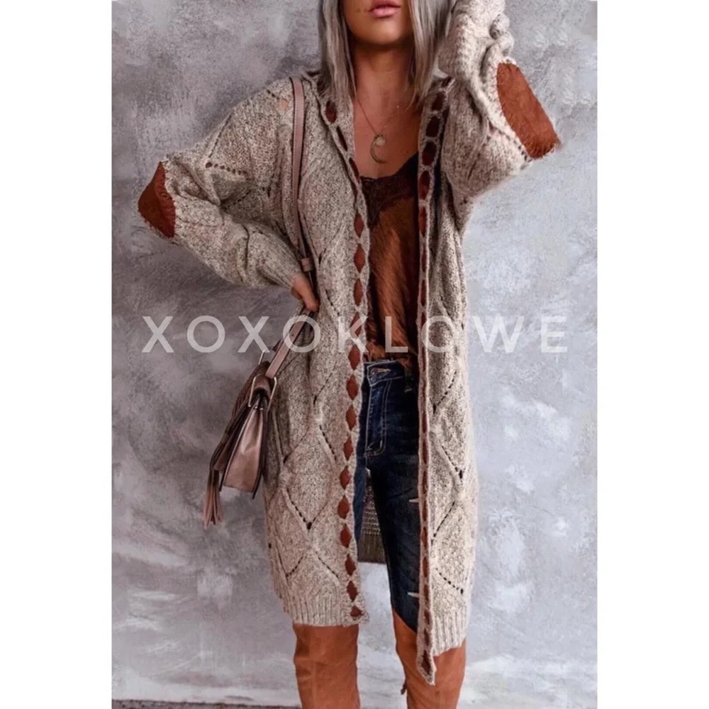 1 L POL Hooded Cardigan Open Front Diamond Weave Faux Suede Detail - Picture 13 of 13